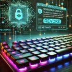 Un hacker en la sombra intenta acceder a una billetera MetaMask conectada a varios contratos. En primer plano, una mano con un anillo Ledger Nano toca la opción “Revoke” en una pantalla flotante. Fondo ciberpunk oscuro con luces digitales en tonos verdes y azules. “Esencia Cripto” se ilumina en la parte superior.