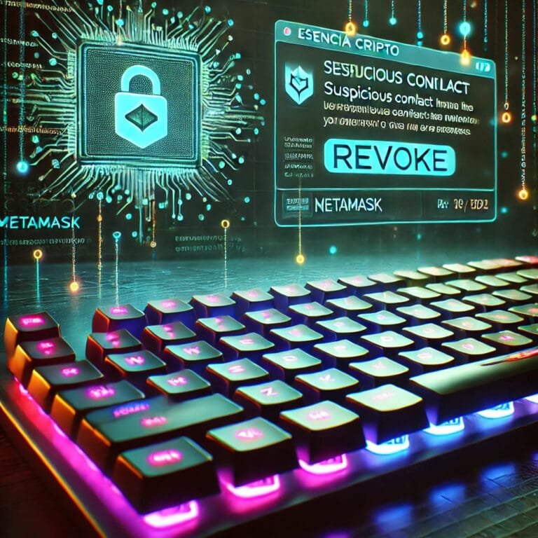 Un hacker en la sombra intenta acceder a una billetera MetaMask conectada a varios contratos. En primer plano, una mano con un anillo Ledger Nano toca la opción “Revoke” en una pantalla flotante. Fondo ciberpunk oscuro con luces digitales en tonos verdes y azules. “Esencia Cripto” se ilumina en la parte superior.