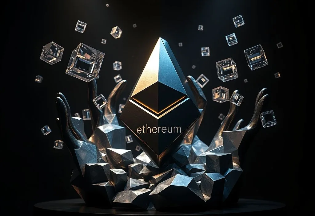 Una escultura de Ethereum, hecha de una aleacion de metales, con su forma pulida y detallada, rodeada por bloques de datos flotantes que se conectan a ella, representando la estabilidad y el crecimiento de las criptomonedas