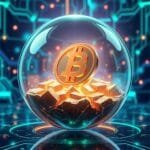 Un token digital flotando en el centro de una esfera cristalina transparente, que refleja un mundo futurista lleno de bloques interconectados. Cada bloque, brillante y cubierto con códigos encriptados, se enlaza con líneas de datos que viajan a través de una vasta red descentralizada de blockchain. El token tiene un diseño elegante y sofisticado, con bordes luminosos y una suave pulsación de luz azul eléctrica, simbolizando su valor y su función esencial en el intercambio de activos digitales. Al fondo, se proyectan patrones de criptografía avanzados y gráficos dinámicos de crecimiento económico, mientras la atmósfera está llena de luces de neón y destellos que evocan innovación, seguridad y el avance tecnológico del ecosistema digital