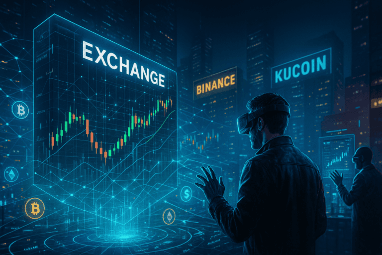 imagen espectacular de un exchange de criptomonedas futurista, con un holograma gigante de trading, traders con interfaces de realidad aumentada y una ciudad cyberpunk iluminada con los logos de los exchanges más usados como Binance, Coinbase y KuCoin