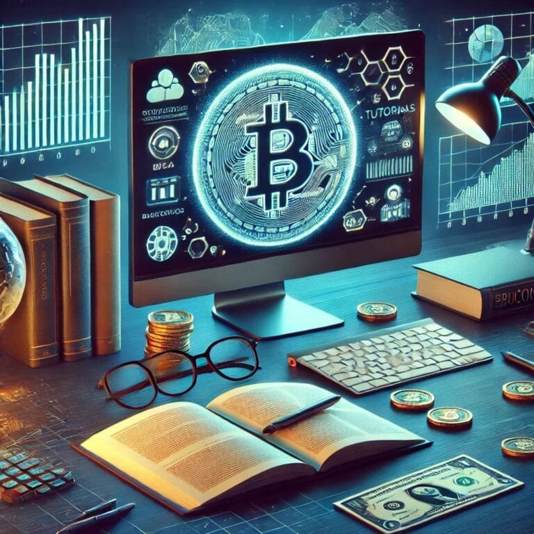 guías, libros, gafas y bolígrafos que representan un entorno educativo, junto con pantallas holográficas mostrando gráficos financieros y tutoriales